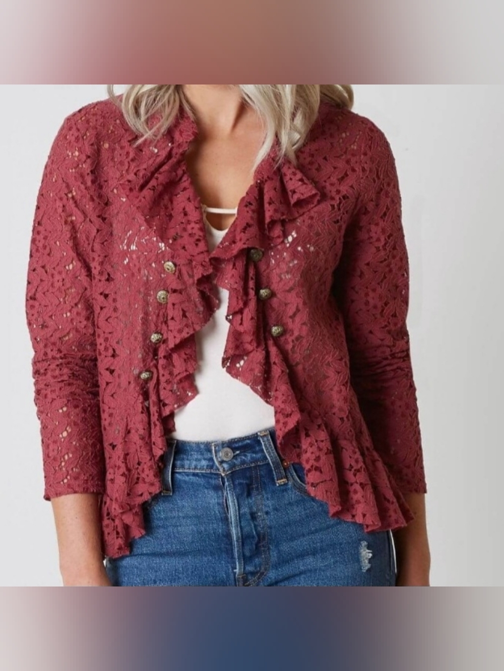 gimmicks by BKE Crochet Ruffle Cardigan in Dusty Rose
